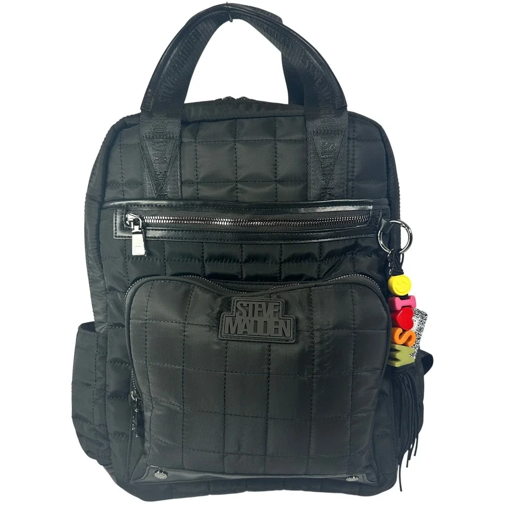 Steve‎ Madden Backpack Womens OS Black New Quilted Nylon Multi-Pocket Charm Bag